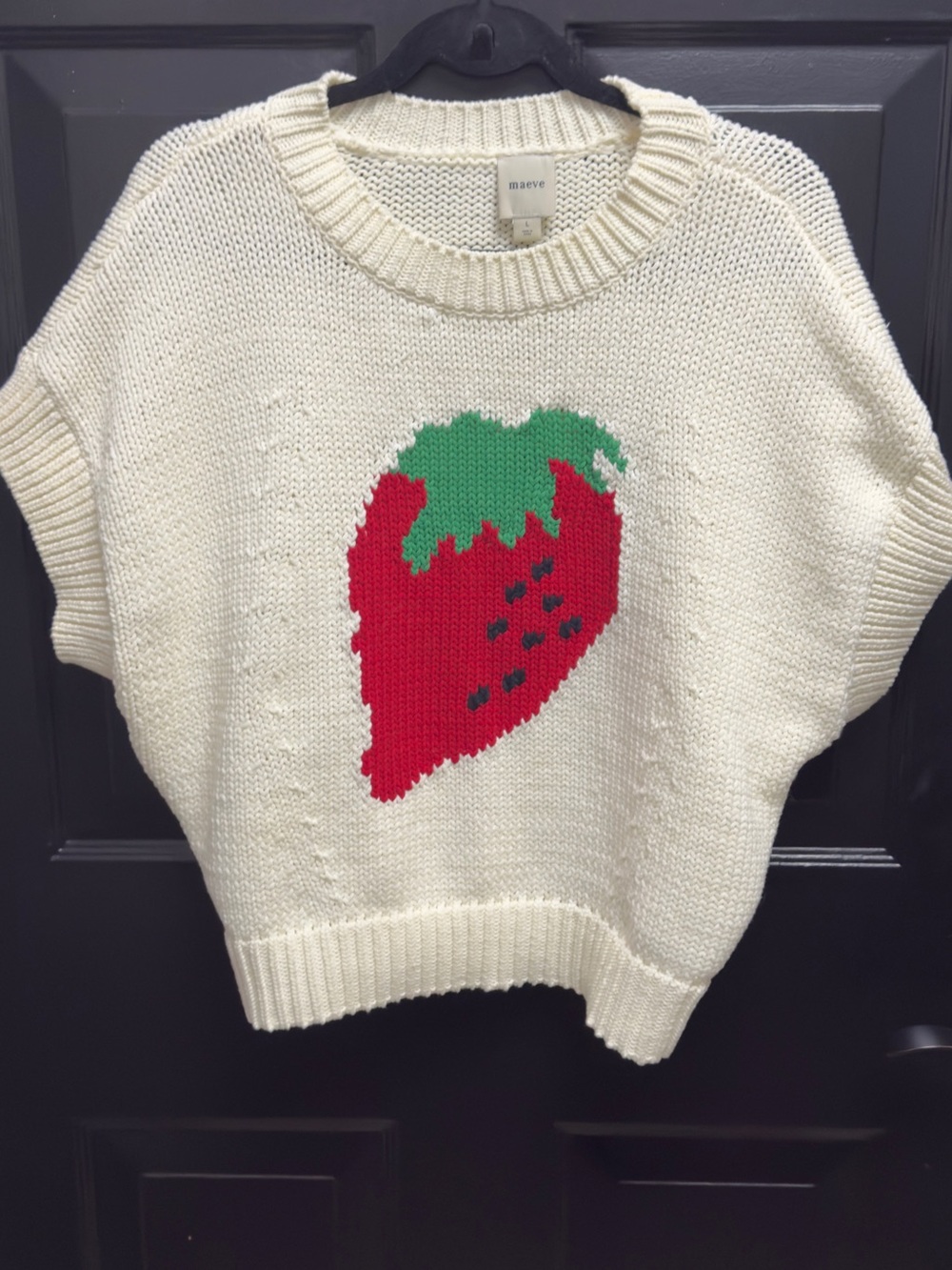 Maeve Cream Knit Sweater with Red Strawberry Motif